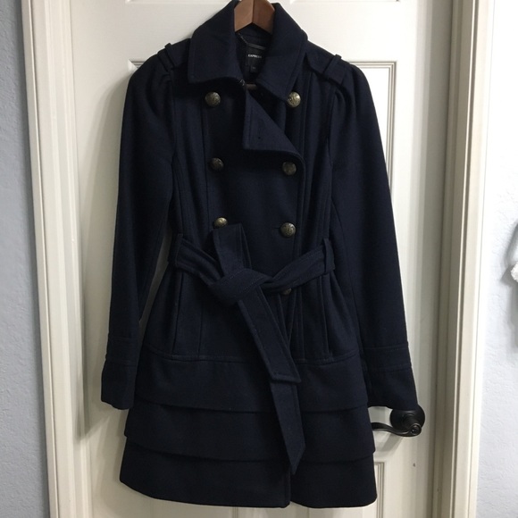 Express Navy Ruffled Pea Coat - Picture 2 of 8